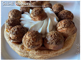 Saint-Honoré, chou craquelin, crème diplomate vanille, pralin